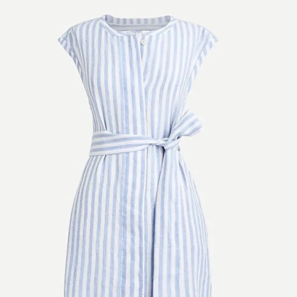 NWT J.CREW Tie-Waist 100% Linen Midi Shirt Dress in Stripe Size Medium